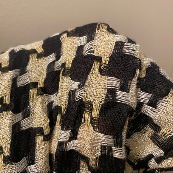 Black white metallic gold thread houndstooth lightweight Fringe Scarf 17x70 - Picture 7 of 7